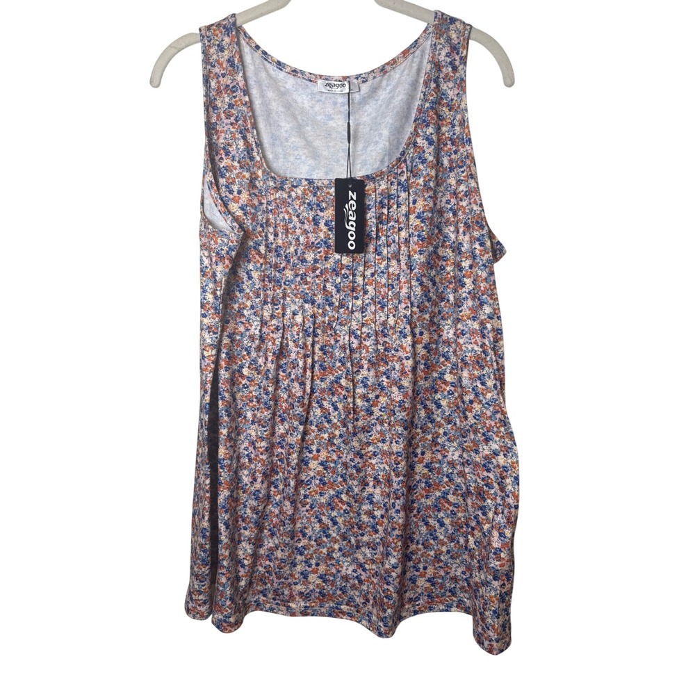 Zeagoo Womens Floral Ditsy‎ Tank Top Square Neck Pleated Front Multicolor XL NEW